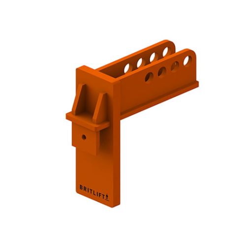 An orange plastic Offset Lifting Bracket for britlift equipment on a white background.