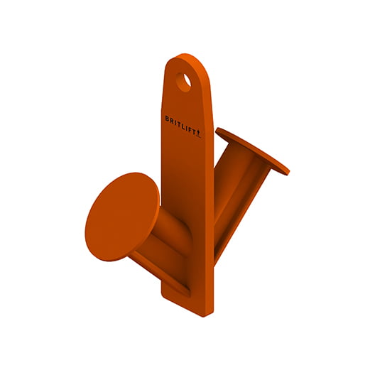 An orange plastic offset lifting bracket with a hole in it.