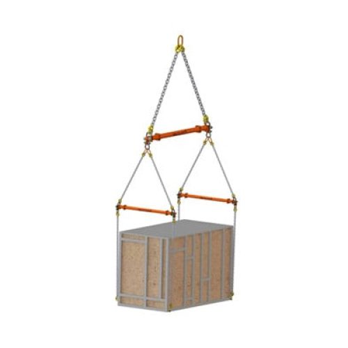 A Pod Lifting Frame equipment, a wooden box, hanging from a chain on a white background.
