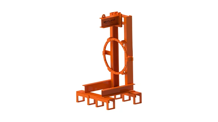Orange industrial coil lifter with adjustable diameter settings and lifting attachments.