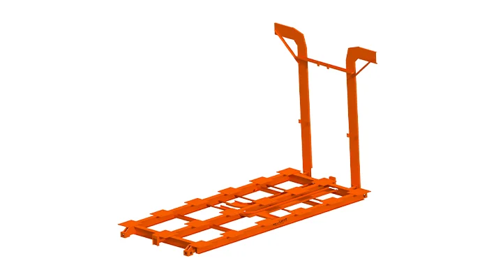 An orange, empty warehouse pallet racking system with lifting attachments isolated on a white background.