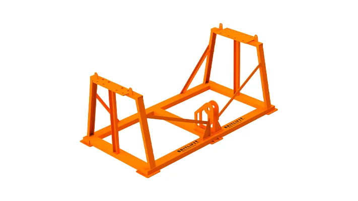 Orange steel frame structure, possibly a part of machinery or equipment with lifting attachments, isolated on a white background.