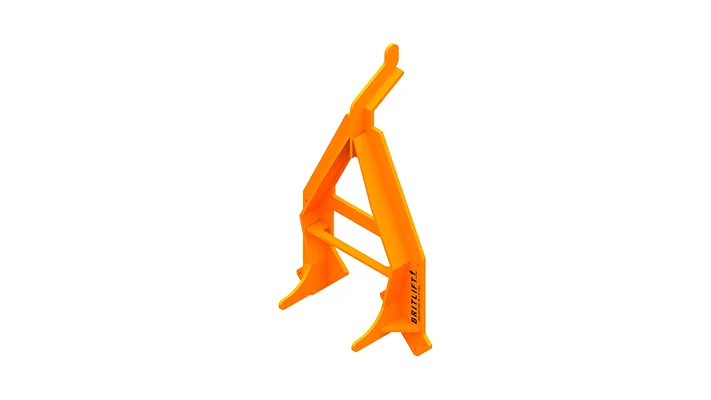 Bright orange traffic cone with lifting attachments in an upright position against a white background. 
