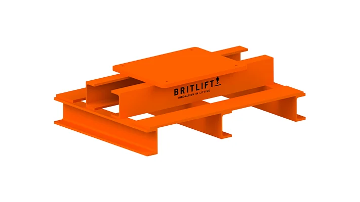 Orange spreader beam with lifting attachments for industrial operations by "britlift".
