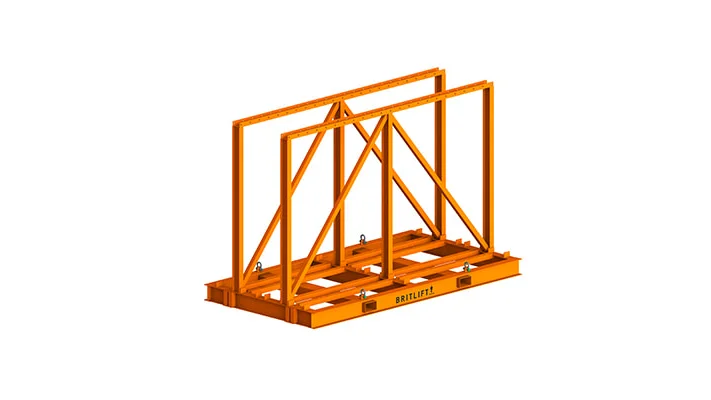 3d illustration of an orange steel frame structure with lifting attachments, possibly a component for heavy machinery or construction equipment.