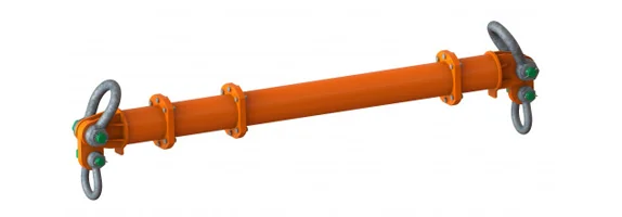 Orange industrial pipe section with lifting equipment and valve wheels on each end.