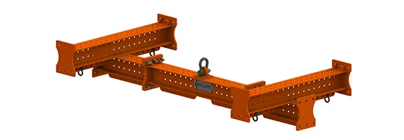 Orange steel lifting beam with multiple perforations, two parallel beams, and a central securing mechanism for industrial lifting equipment applications.