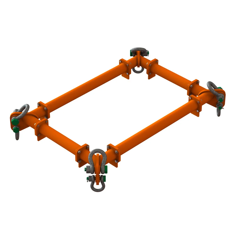 Orange metal lifting beam with four clamp attachments at the corners.