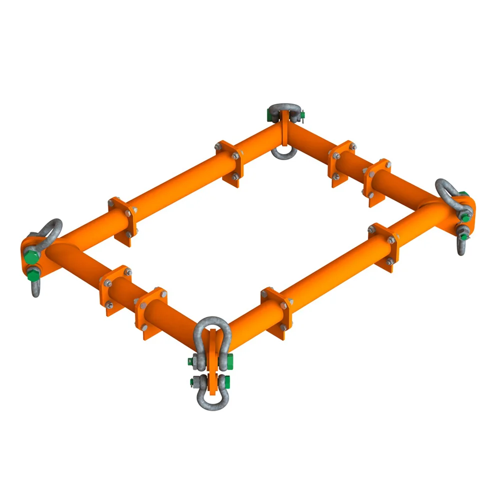 Orange metal rectangular frame with joint connections and four looped hooks at each corner.