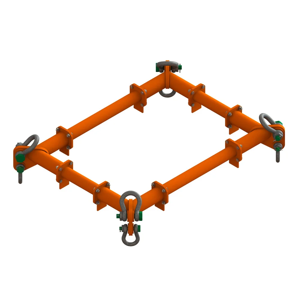 Orange rectangular metal lifting frame with hooks and joints at each corner.