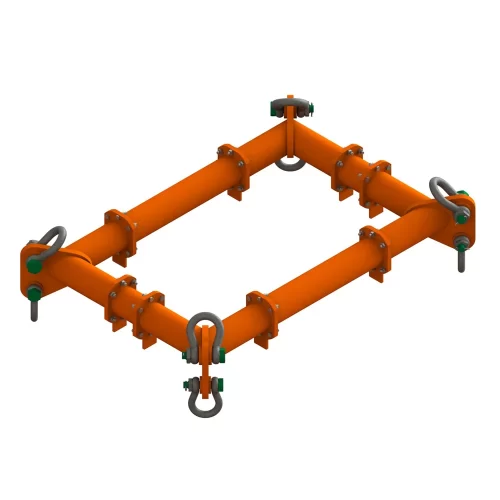 Orange rectangular metal framework with hooks and bolts at corners, likely industrial equipment for lifting or securing loads.