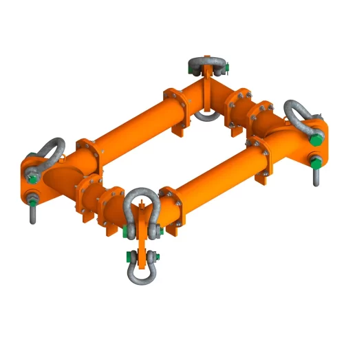 3D rendering of an orange lifting beam assembly with metal shackles on each end.