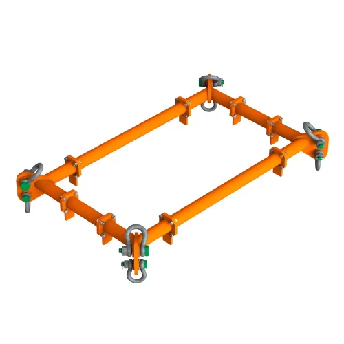 Orange rectangular lifting frame with hooks and bolts at each corner, designed for hoisting and securing loads.