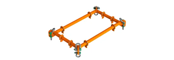 A rectangular orange metal frame, designed as lifting equipment, features four corner hooks and support brackets.