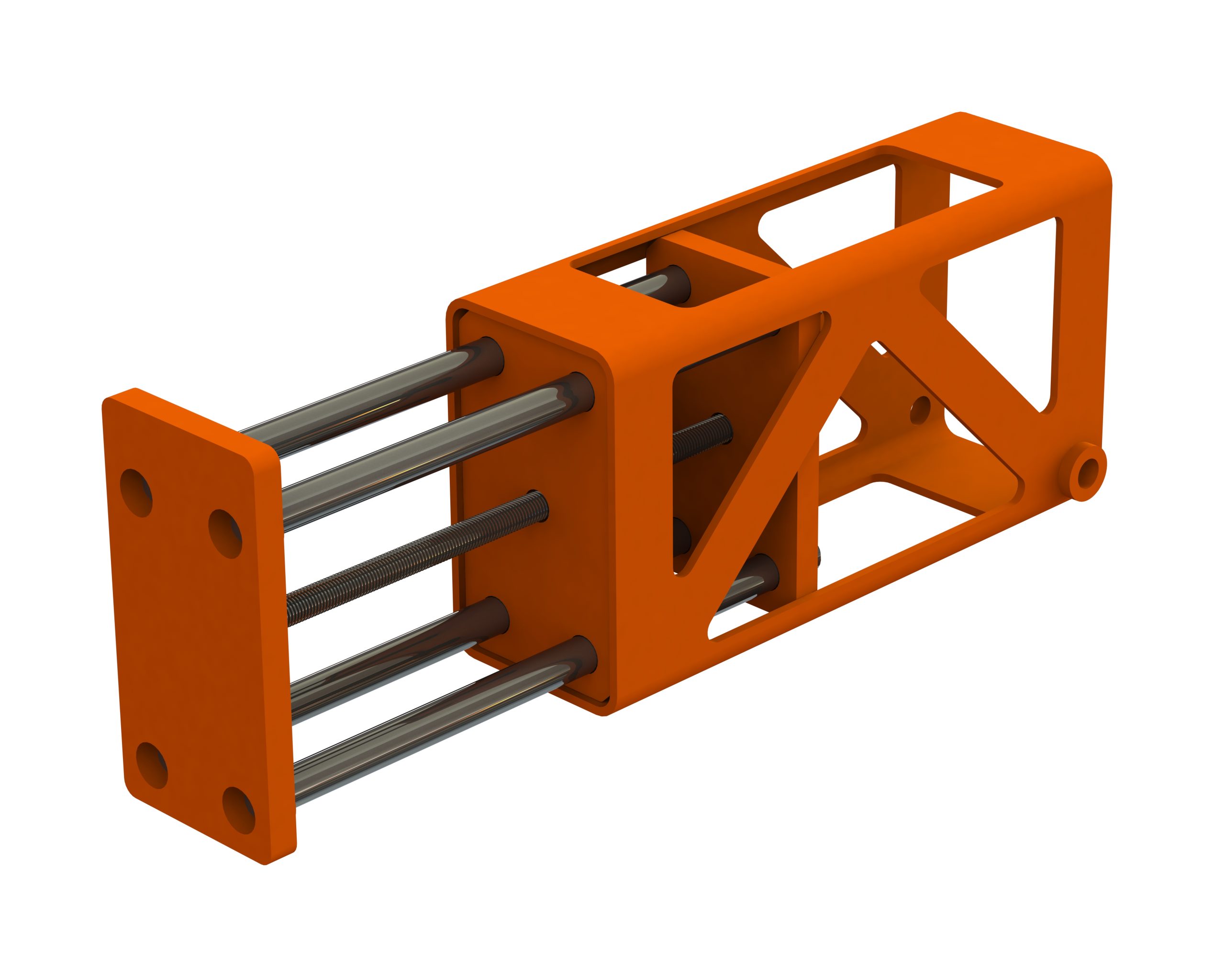 A 3D-rendered image of an orange mechanical linear actuator with four parallel metal rods and a rectangular frame, resembling the structural precision of a roof truss. A 3D-rendered image of an orange mechanical linear actuator with four parallel metal rods and a rectangular frame, resembling the structural precision of a roof truss.