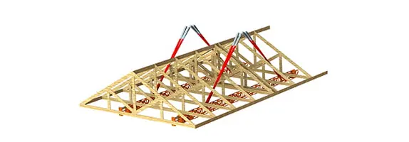 3D rendering of a wooden roof truss system with steel reinforcements at several joints, shown against a white background—perfect for visualizing integration with lifting equipment during construction.