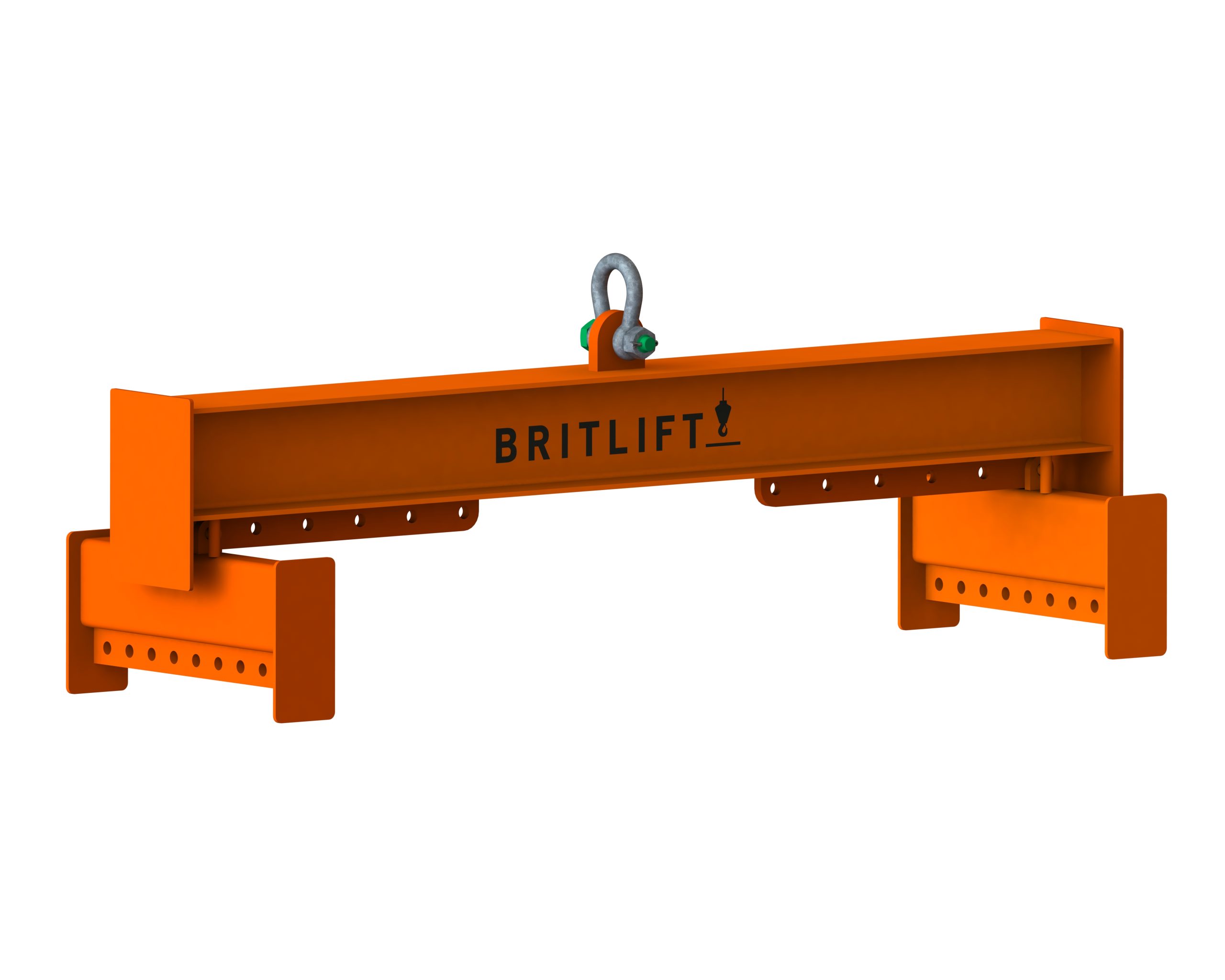 Orange industrial lifting beam marked "Britlift" with adjustable end attachments and a central lifting shackle, designed for material handling and compatible with various lifting frames.