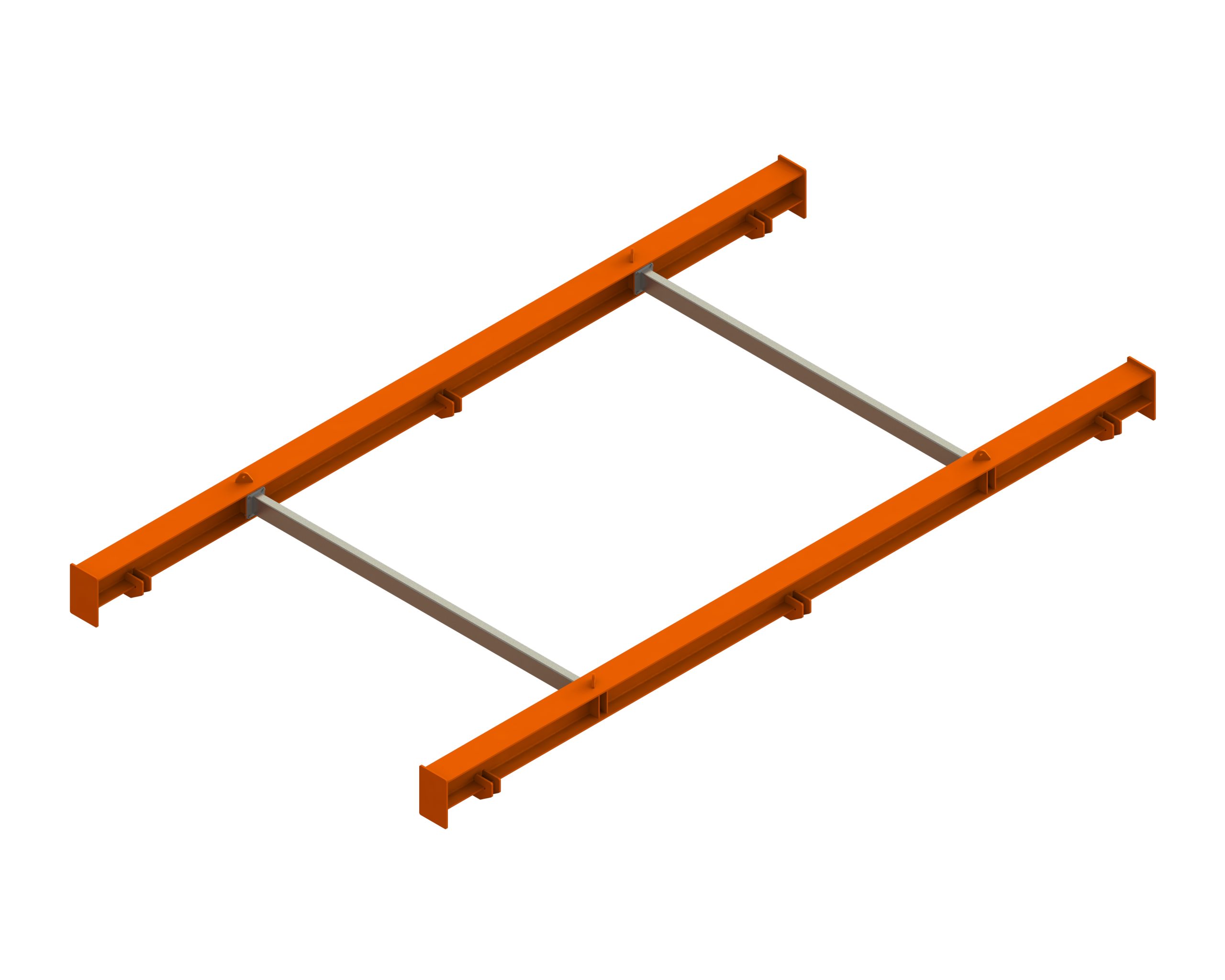 3D rendering of an orange rectangular lifting frame with two parallel crossbars, viewed at an angle on a white background.