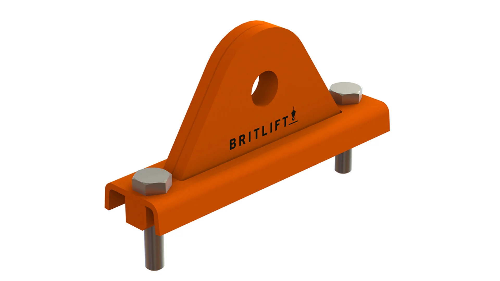 An orange BRITLIFT lifting lug, designed as one of the essential lifting attachments, features a central hole, two large bolts, and two metal rods, all displayed against a white background.