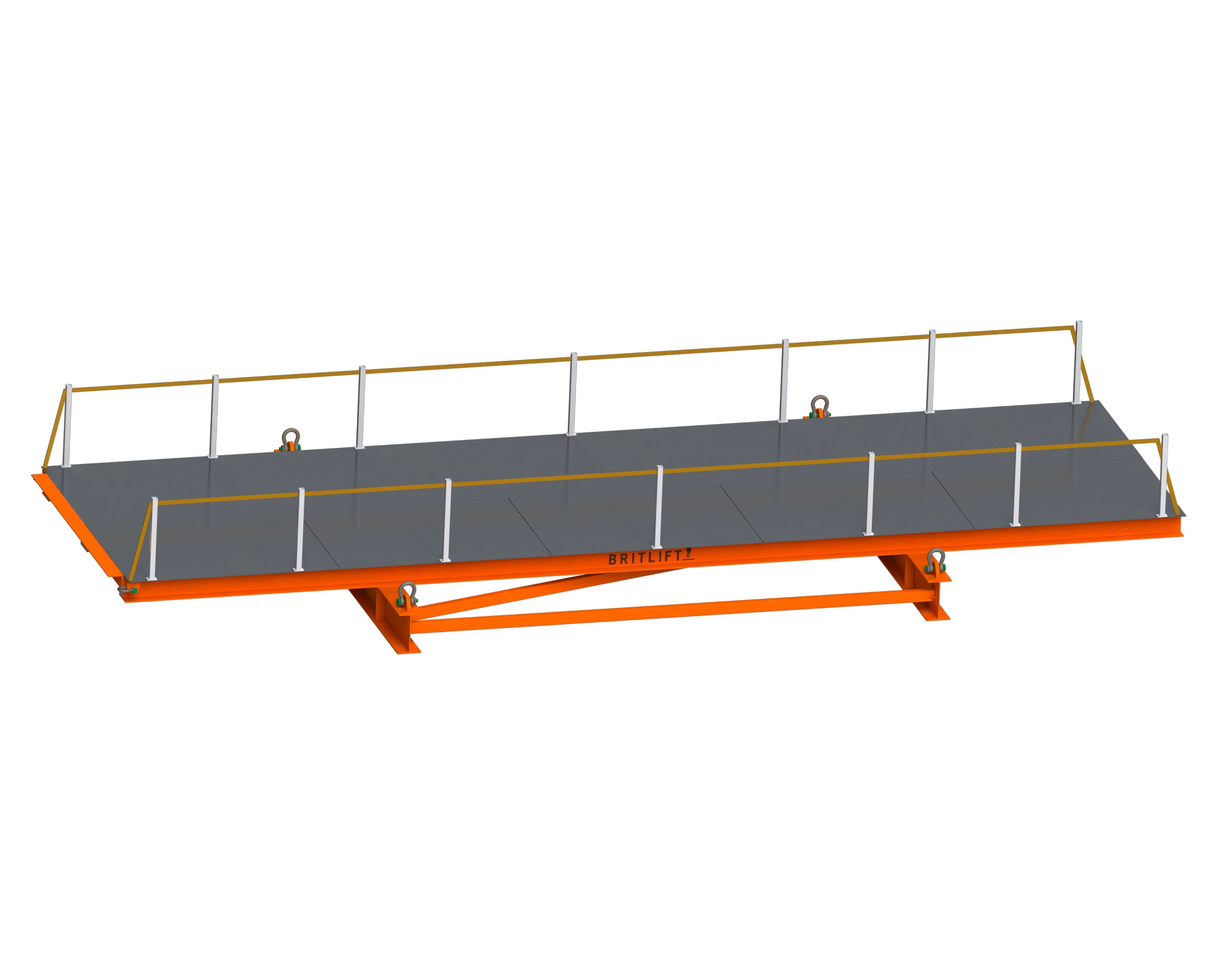 A metal work platform with safety railings and an orange support frame, designed for use with lifting attachments, viewed at an angle on a white background.