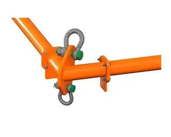 Orange metal scaffolding pipes connected with bolts, nuts, and metal rings at a joint, illustrating a structural connection detail often found in lifting frames.