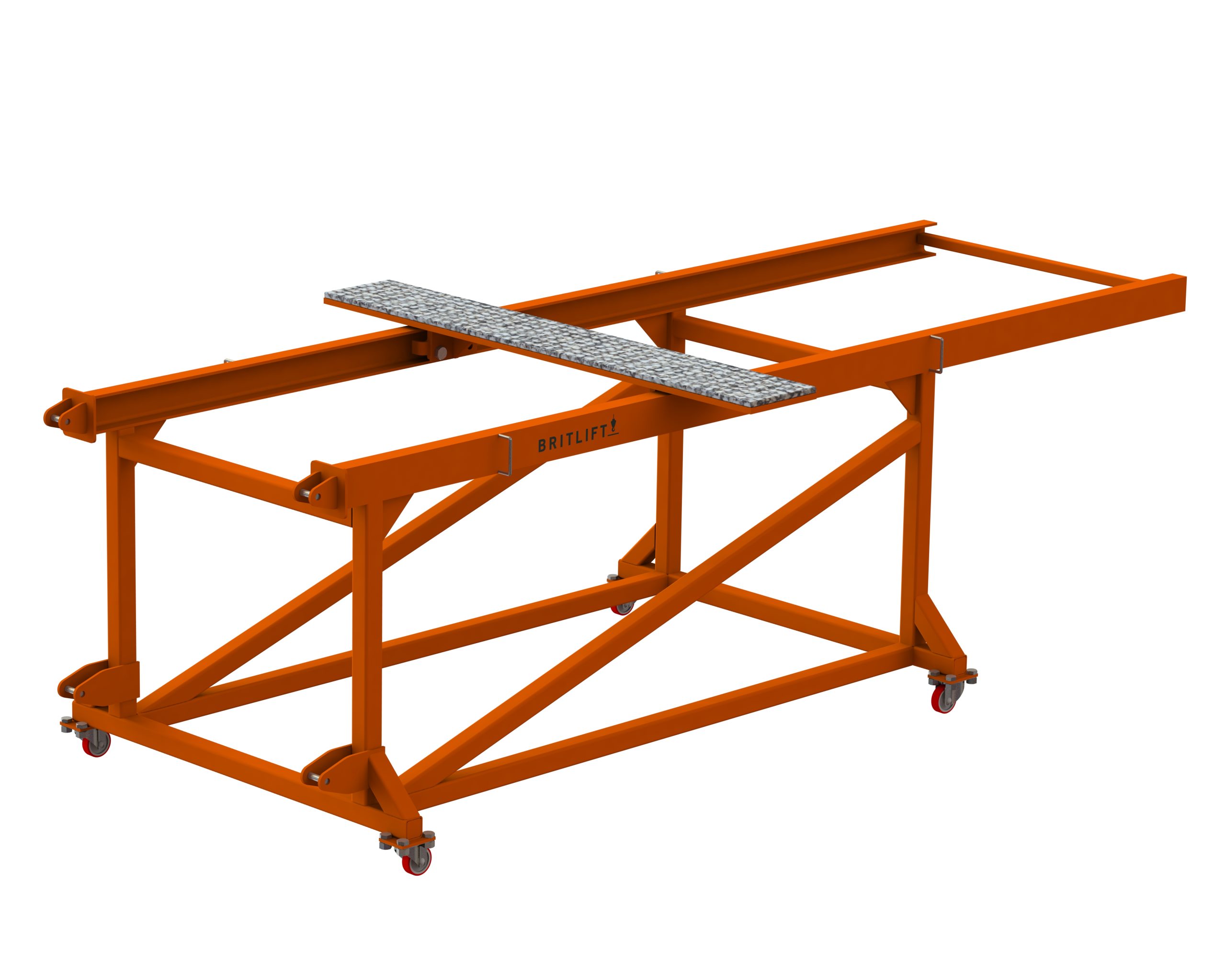 Orange metal lifting frame with four caster wheels and a grated metal platform in the center, designed for supporting and moving heavy objects with compatible lifting attachments.