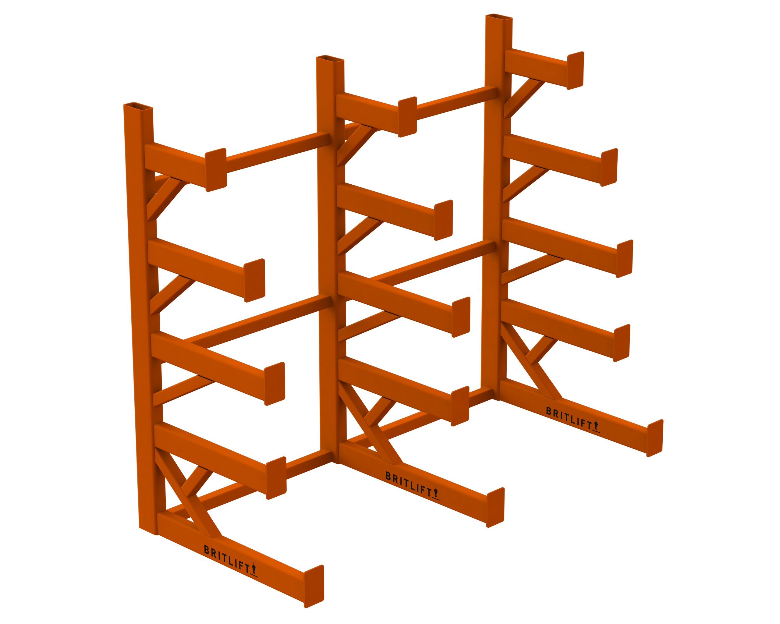 Orange metal cantilever rack with two vertical frames and six horizontal arms on each side, designed for storing long or bulky items and compatible with various lifting attachments for easy handling.