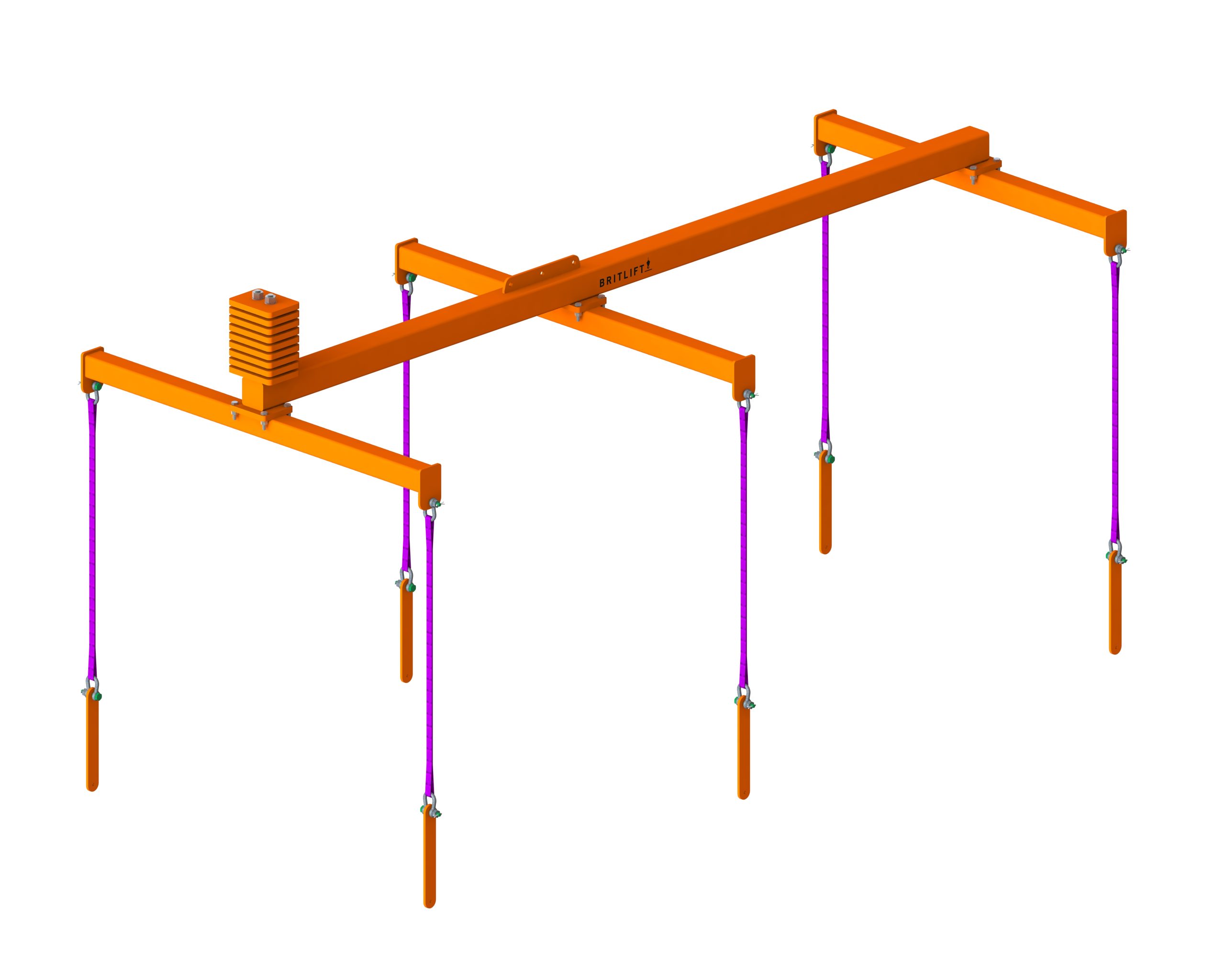 Orange metal lifting beam assembly with four purple lifting slings attached at each corner and a stack of rectangular weights on one end, showcasing the effective use of lifting attachments for secure material handling.