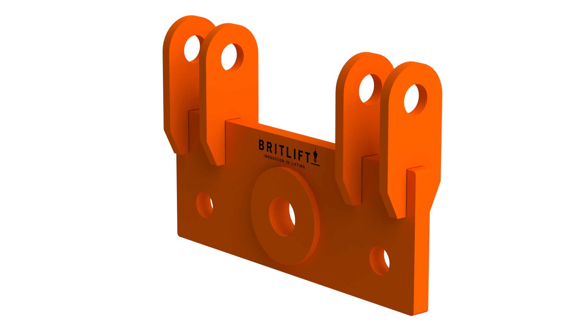 Orange metal lifting bracket with four vertical attachment points and two circular mounting holes, designed for Lifting Attachments, featuring the "BRITLIFT" logo and slogan printed on the front.