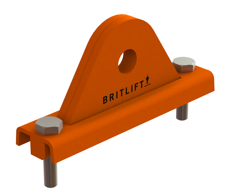 An orange metal lifting attachment with a triangular top, central hole, and two bolts, branded with the word "Britlift," designed for secure and efficient lifting attachments.