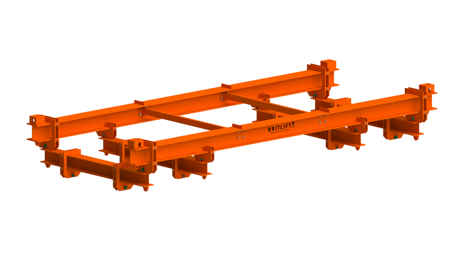3D-rendered image of an orange steel lifting frame with multiple connection points and reinforced beams, showcasing the robust design typical of industrial lifting frames.