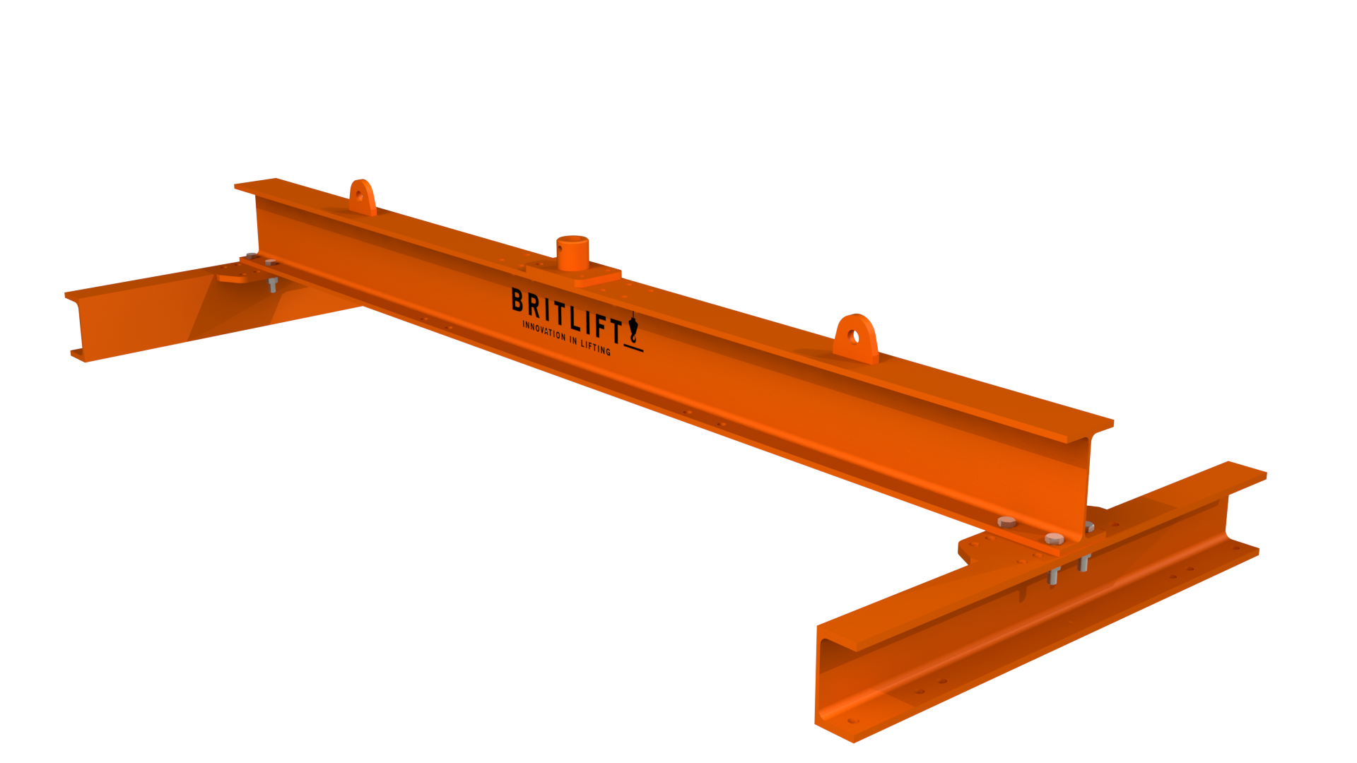 An orange steel lifting beam with hooks, attachment points, and "Britlift" label, designed for industrial lifting applications and compatible with various lifting frames.