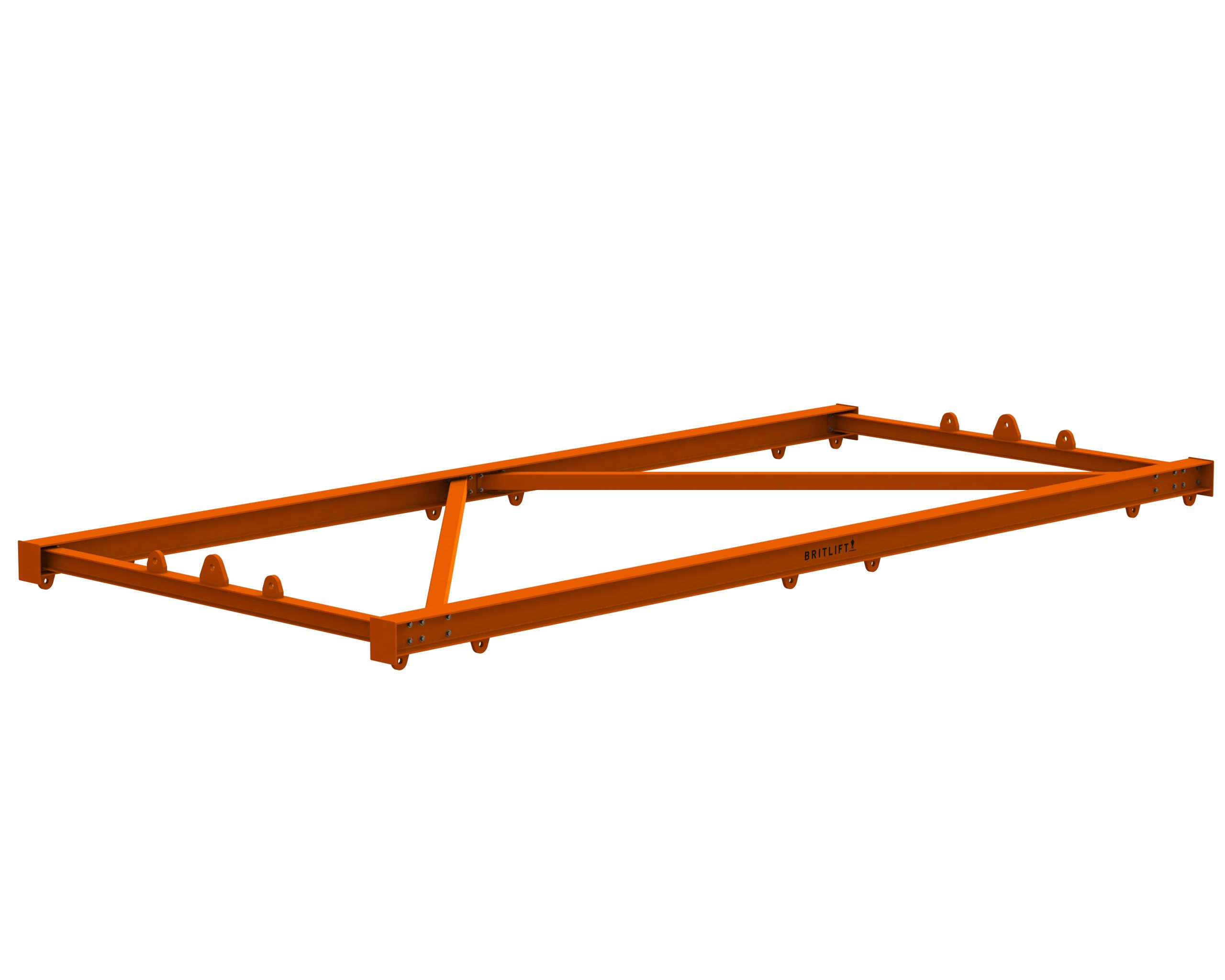 Orange rectangular metal lifting frame with diagonal support, designed for structural or industrial use, isolated on a white background.