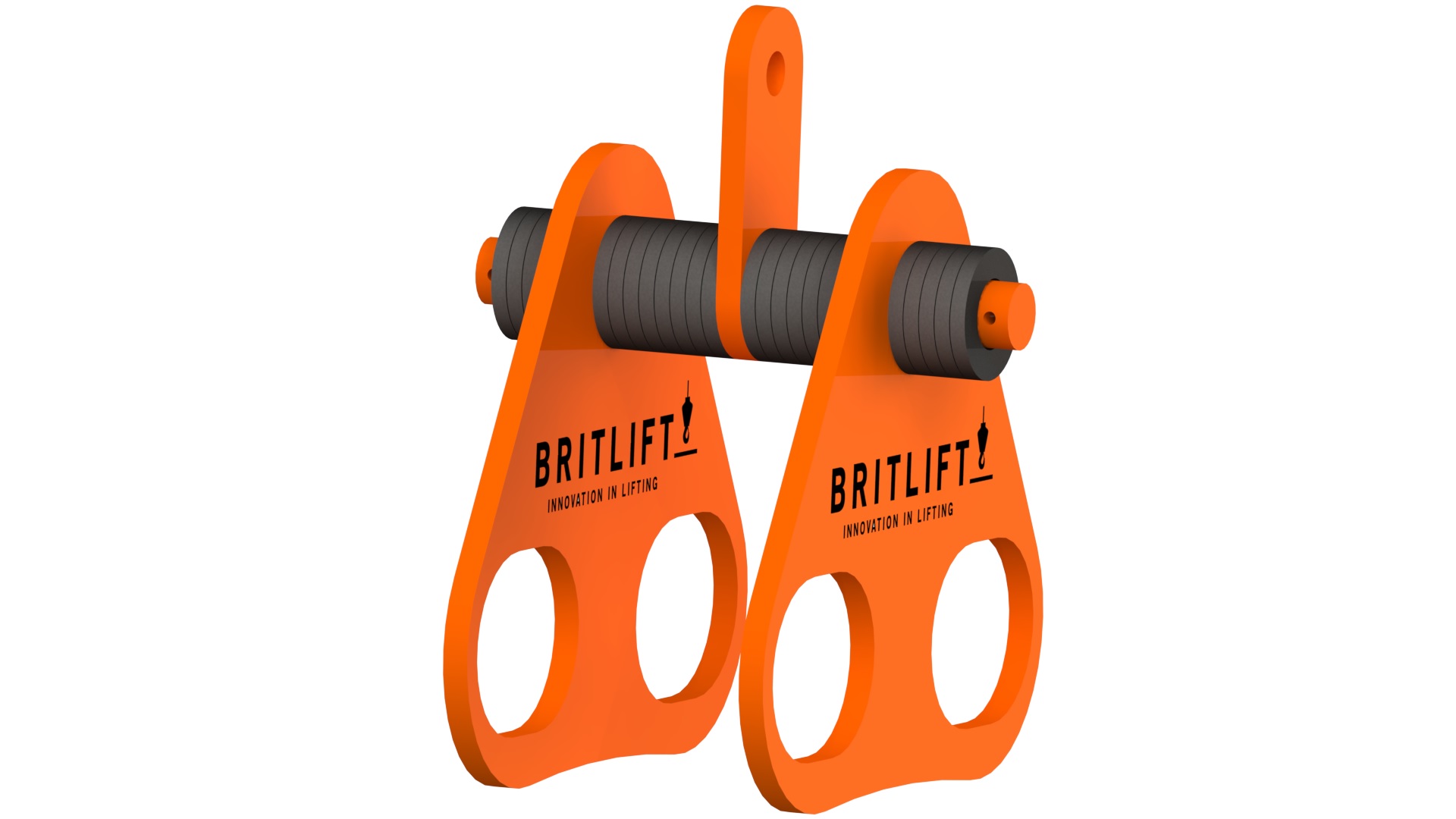 Orange Britlift lifting beam attachment, part of the Lifting Attachments range, features two large circular holes, a central rod, and a top mounting point, designed for industrial lifting applications.