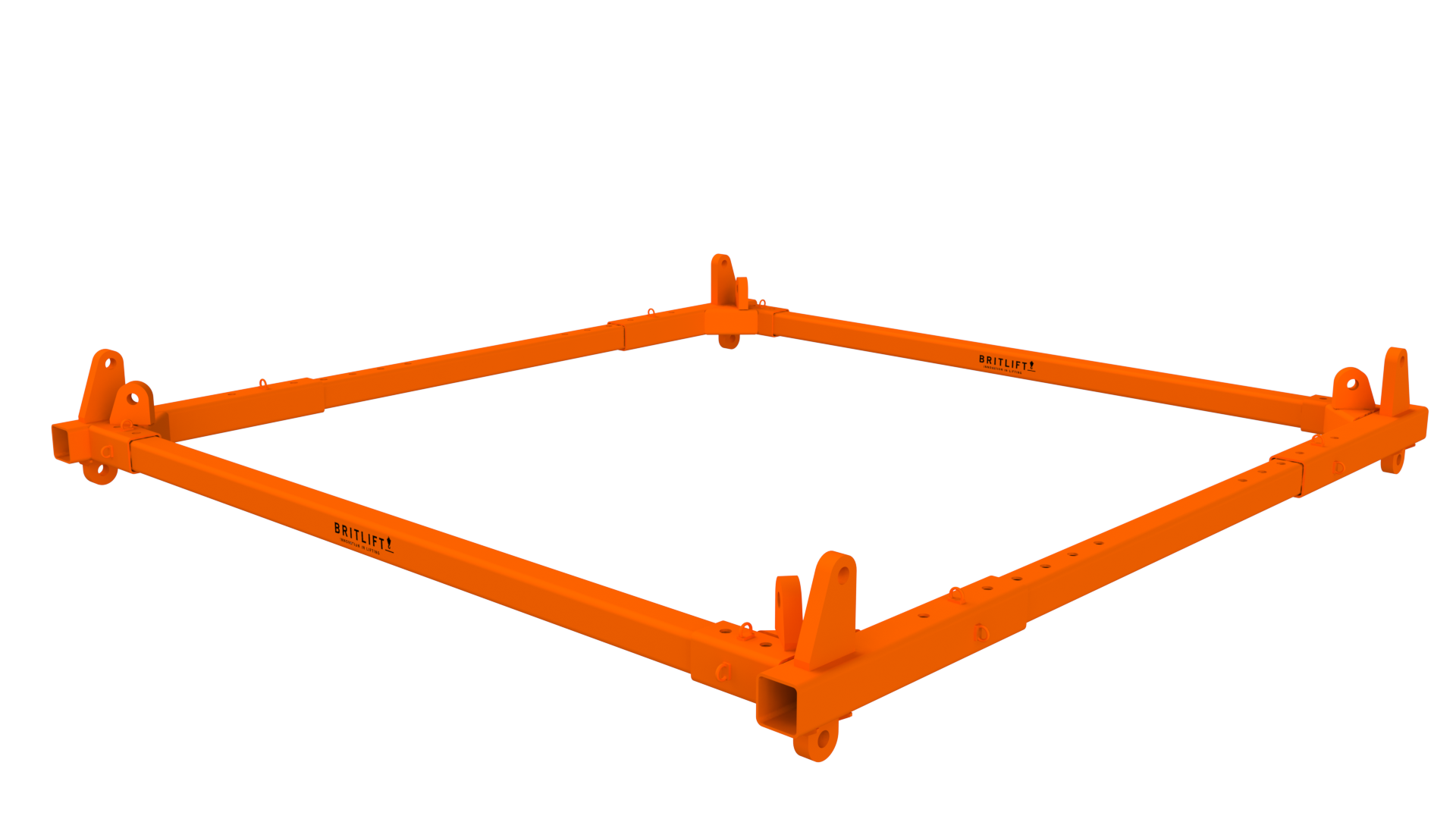 An orange metal lifting frame with adjustable beams and multiple attachment points, this example of innovative lifting frames is set against a plain light background.