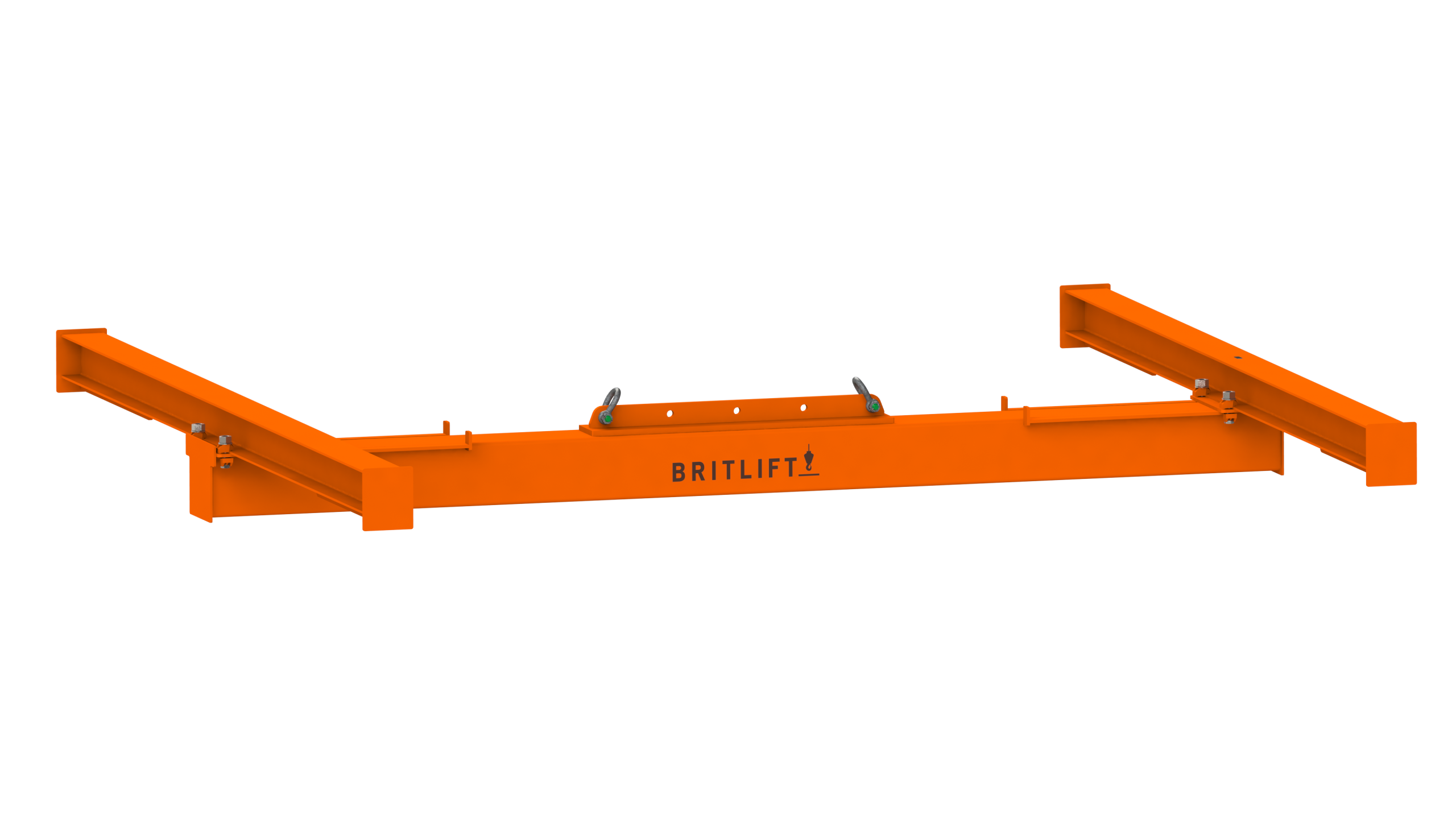 Orange metal Britlift lifting beam with two parallel arms and hooks, designed for industrial lifting and rigging applications, ideal for use alongside lifting frames.