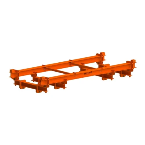 The Module Lifting Frame (Reachstaker) is an orange metal structure with multiple brackets and joints, designed for industrial or reachstacker use, shown isolated on a white background.
