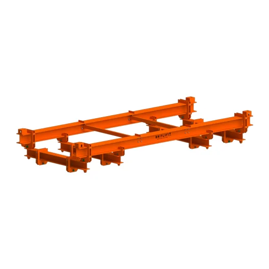 Module Lifting Frame (Reachstaker) 1 The Module Lifting Frame (Reachstaker) is an orange metal structure with multiple brackets and joints, designed for industrial or reachstacker use, shown isolated on a white background.