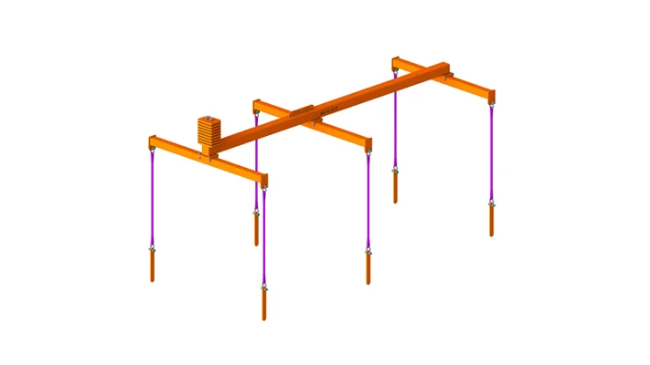 A 3D model of an orange overhead gantry multilifter structure with four legs, vertical purple support lines, and a hoist mechanism on the main horizontal beam. A 3D model of an orange overhead gantry multilifter structure with four legs, vertical purple support lines, and a hoist mechanism on the main horizontal beam.