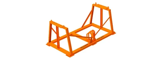 Orange metal frame stand with angled supports, designed as lifting equipment to hold or secure cylindrical objects such as pipes or tanks.