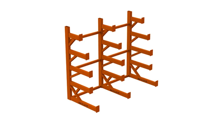 Orange metal Multilifter cantilever rack with four arms on each side and two upright columns, designed for storing long or bulky items. Orange metal Multilifter cantilever rack with four arms on each side and two upright columns, designed for storing long or bulky items.