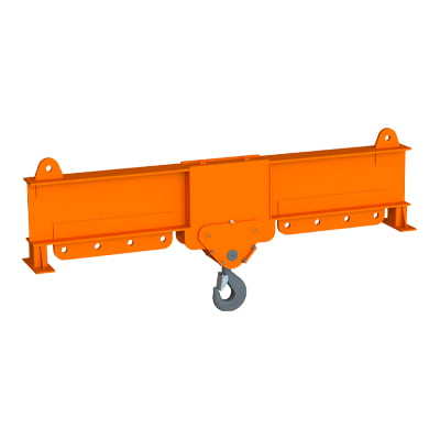 Orange steel lifting beam with a central hook attachment, designed for hoisting heavy loads in industrial or construction settings. Lifting beams like this provide stability and safety during material handling operations. Orange steel lifting beam with a central hook attachment, designed for hoisting heavy loads in industrial or construction settings. Lifting beams like this provide stability and safety during material handling operations.
