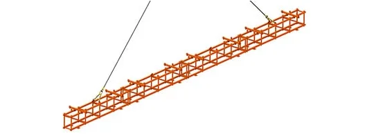 3D model of a steel truss being lifted by two cables attached at different points along its length.