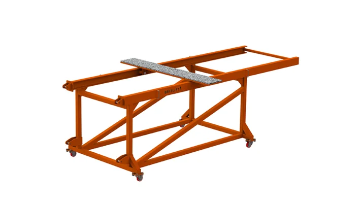 Orange metal Multilifter frame with casters, featuring a rectangular granite surface in the center, designed as a support or assembly table. Orange metal Multilifter frame with casters, featuring a rectangular granite surface in the center, designed as a support or assembly table.