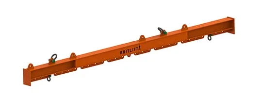Orange metal lifting beam with multiple attachment points and lifting eyes, labeled "BRITLIFT," on a white background—an essential piece of lifting equipment for safe and efficient material handling.