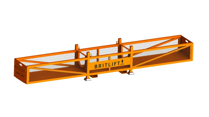 Orange rectangular steel Multilifter beam with mesh panels, labeled “BRITLIFT,” designed for industrial load handling. Orange rectangular steel Multilifter beam with mesh panels, labeled "BRITLIFT," designed for industrial load handling.