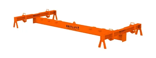 Large orange steel lifting beam with support legs and "BRITLIFT" branding, designed for industrial lifting and handling applications. Ideal as robust lifting equipment for various heavy-duty tasks.