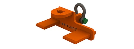 Orange metal lifting attachment labeled "BRITLIFT," featuring two parallel prongs and a shackle with a green bolt on top, designed for safe and efficient use in lifting equipment applications.