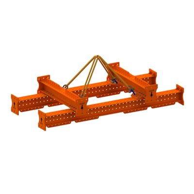 Orange steel Multilifter modular spreader beam with a rectangular frame and multiple attachment points, suspended by four lifting slings. Orange steel Multilifter modular spreader beam with a rectangular frame and multiple attachment points, suspended by four lifting slings.