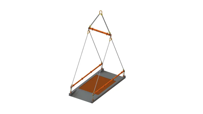 A steel plate is suspended by four cables attached to two orange Multilifter spreader bars and a central lifting ring. A steel plate is suspended by four cables attached to two orange Multilifter spreader bars and a central lifting ring.